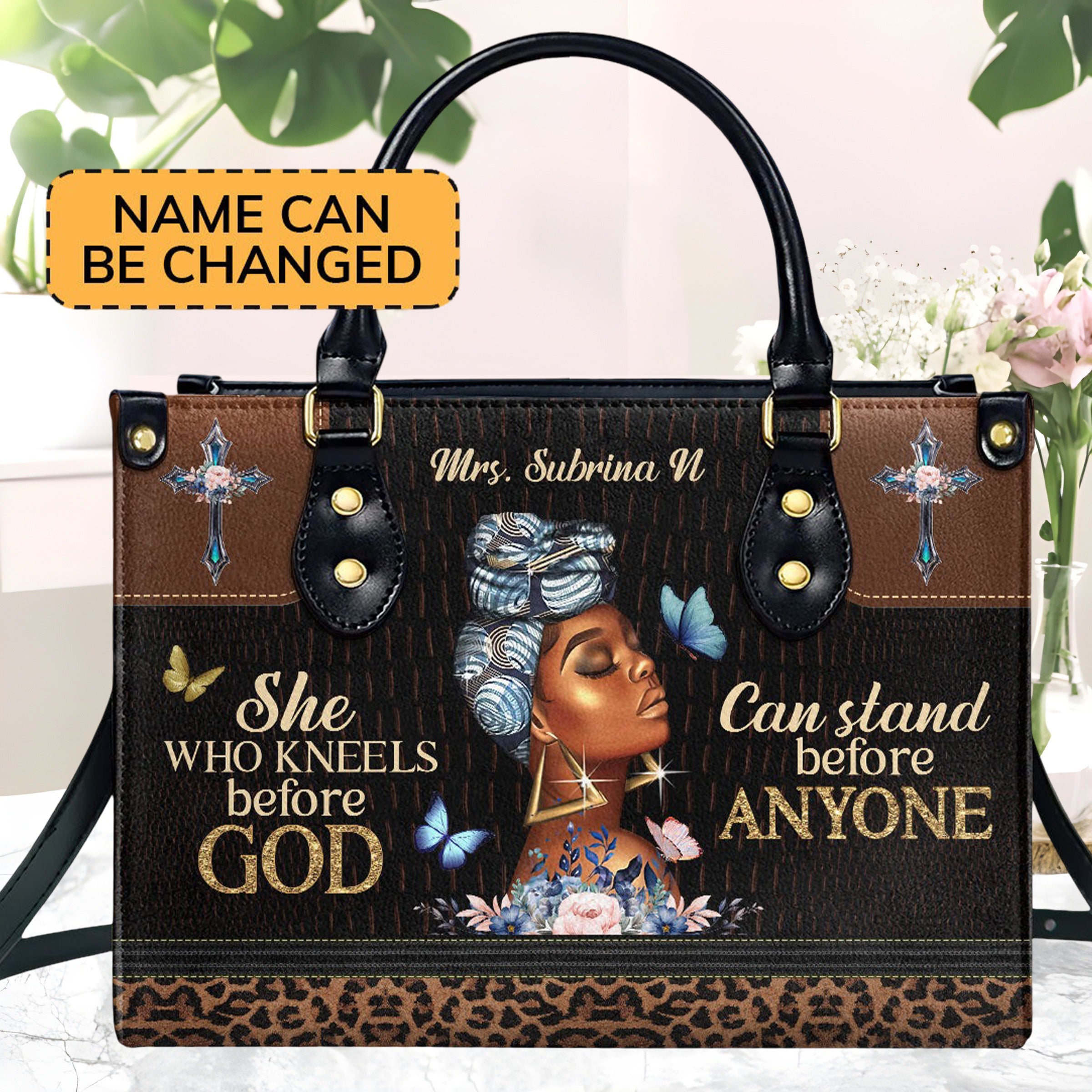 Personalized Christian Leather Handbag, She Who Kneels Before God Purse Tote Bag, Inspirational Faith Bag for Women BLAF48